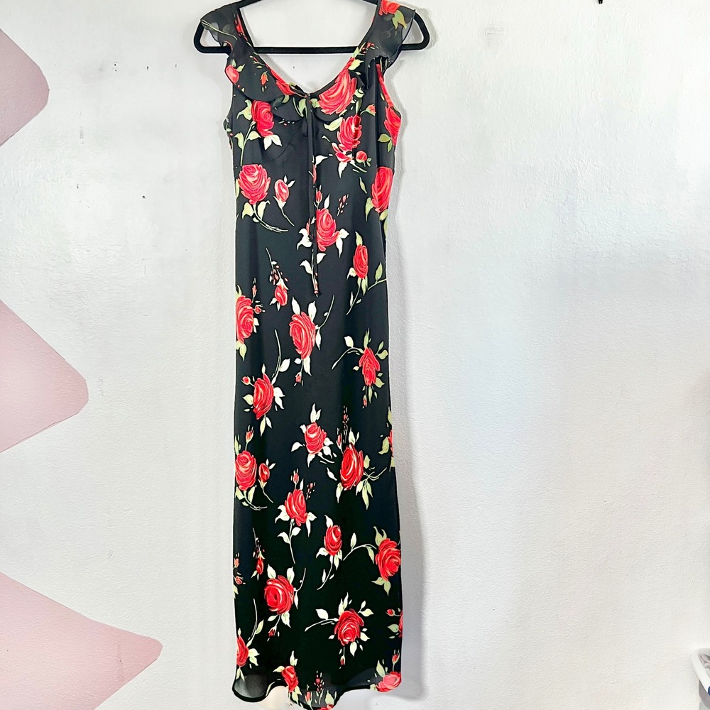 Vtg 2000s Babydoll Maxi Dress Sz 10 Black Floral Y2K Romantic Prom‎ Fairy
